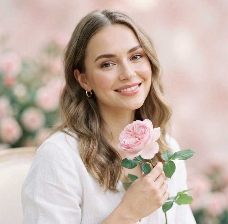 Soft-focus portrait of a woman with elegant, natural makeup, holding a delicate pink flower, bright diffused morning daylight, pastel pink background, shallow depth of field, 35mm