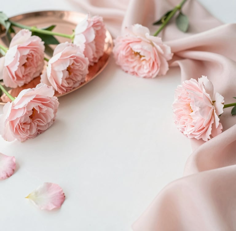Overhead flatlay of a beautifully arranged vanity with delicate pink flowers, a rose-gold tray, and silk textures, bright diffused morning daylight, shallow depth of field, 35mm