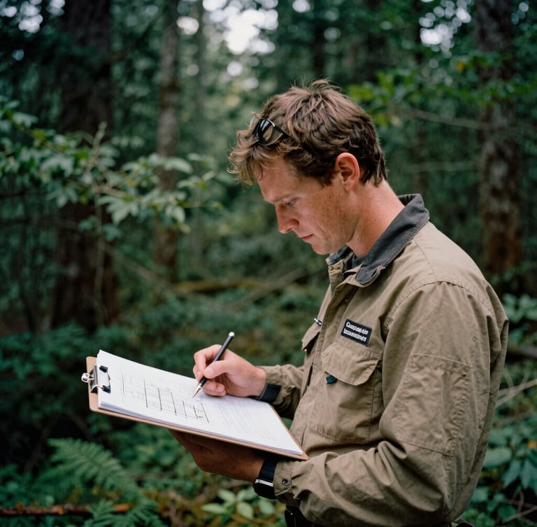 Portrait shot of a Cascade Interpretive Consulting team member in field gear, looking at architectural drawings on a clipboard, soft overcast daylight, deep forest greens, 35mm film look.
