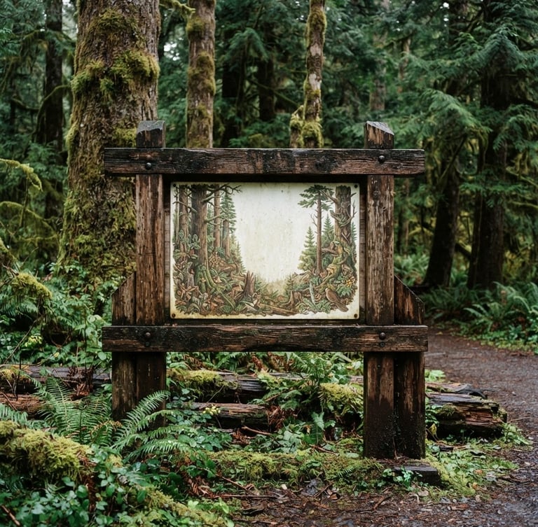 A detailed, weather-resistant wayside interpretive sign at a trailhead, nestled in an old-growth Pacific Northwest forest under soft overcast daylight, with moss and ferns in the foreground.