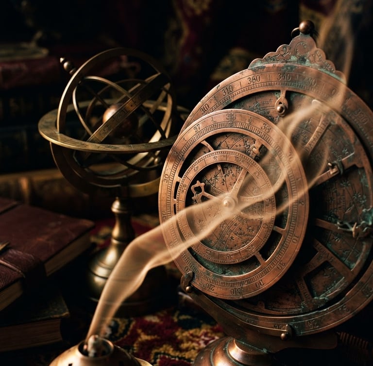 Macro photograph of warm incense smoke drifting past antique copper astrological instruments, low-key dramatic side-lighting, heritage feel