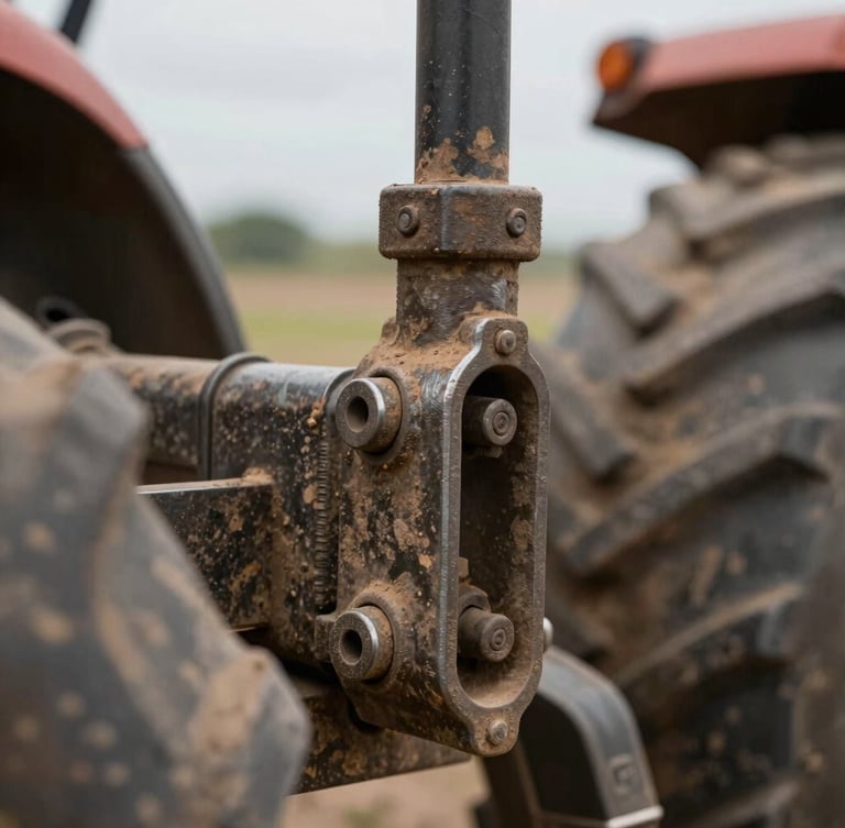 Close-up macro shot of a heavy-duty tractor drawbar and hitch connection, rich earthy tones, textured steel, natural overcast daylight.