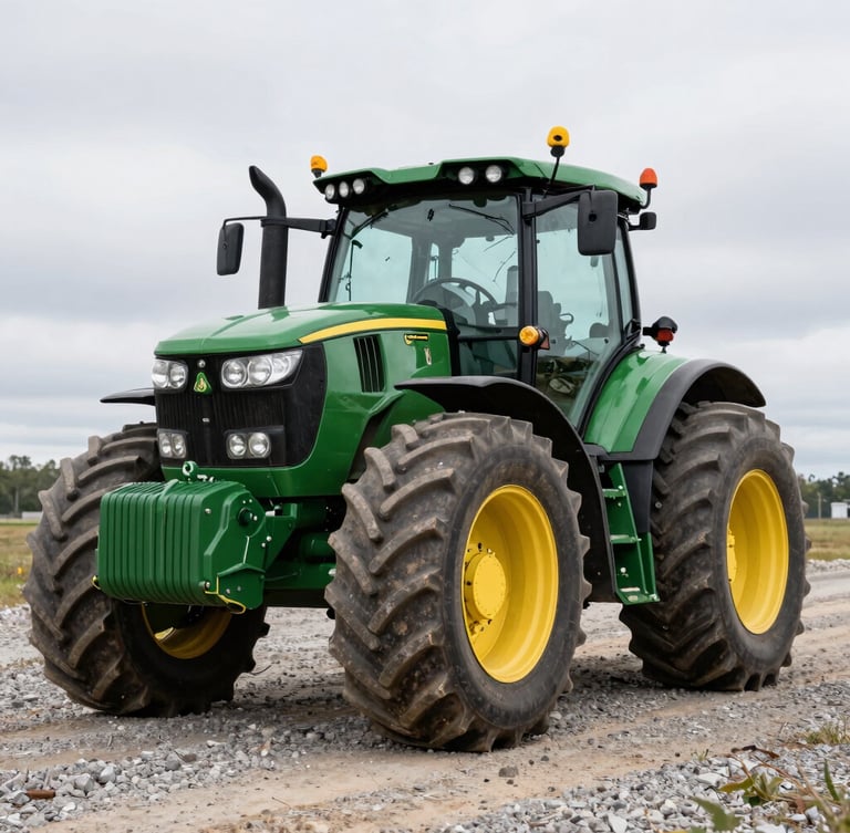 Low-angle wide shot of a powerful John Deere tractor parked on a gravel lot under overcast Ontario skies, sharp focus on the heavy front tread, rugged industrial photography.
