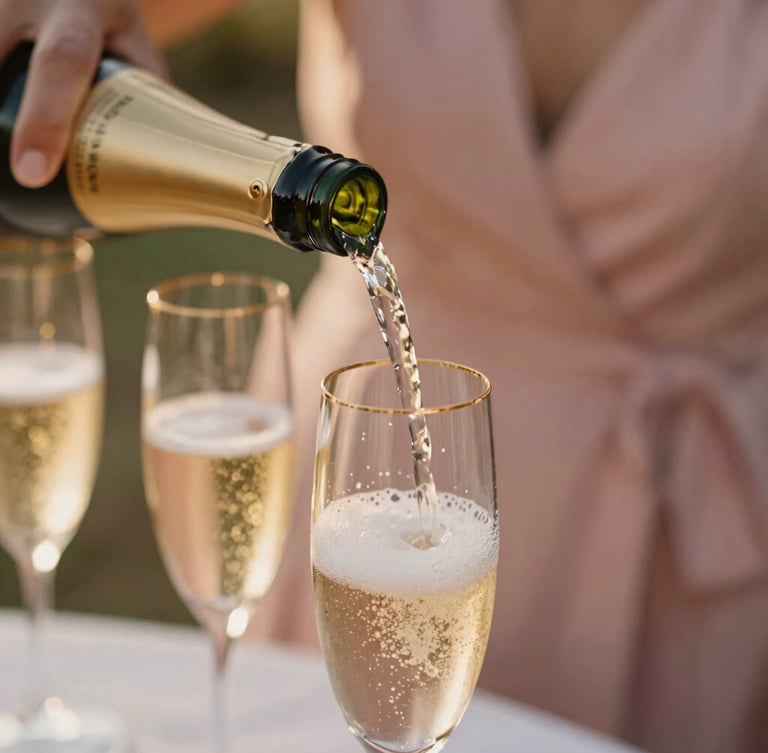 Warm golden-hour natural light, close-up of a champagne pour into elegant gold-rimmed glassware, soft champagne and dusty rose tones, shallow depth of field, 35mm