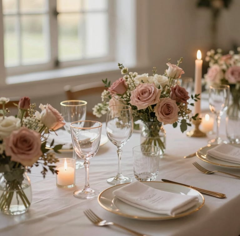 Elegant wedding table setting with gold-rimmed glassware, delicate dusty rose florals, and glowing candles under soft window lighting