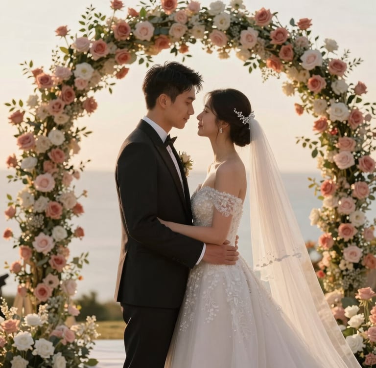 Warm editorial wedding photography of a bride and groom under a delicate floral arch during golden hour, soft champagne and dusty rose tones, shallow depth of field, 35mm