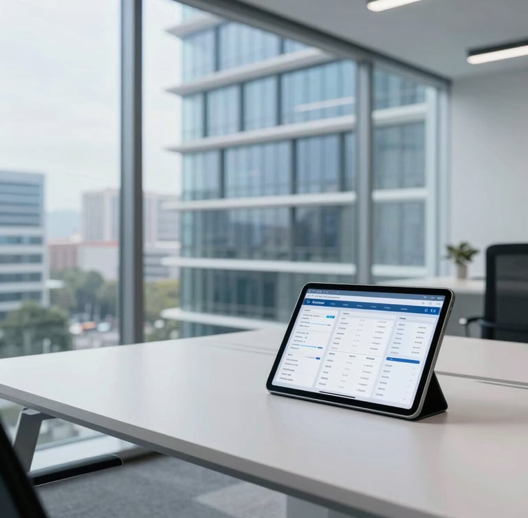 Bright modern architectural office space with natural daylight, a clean minimalist desk with a tablet displaying a clear sales dashboard, cool blue tones, 35mm lens.