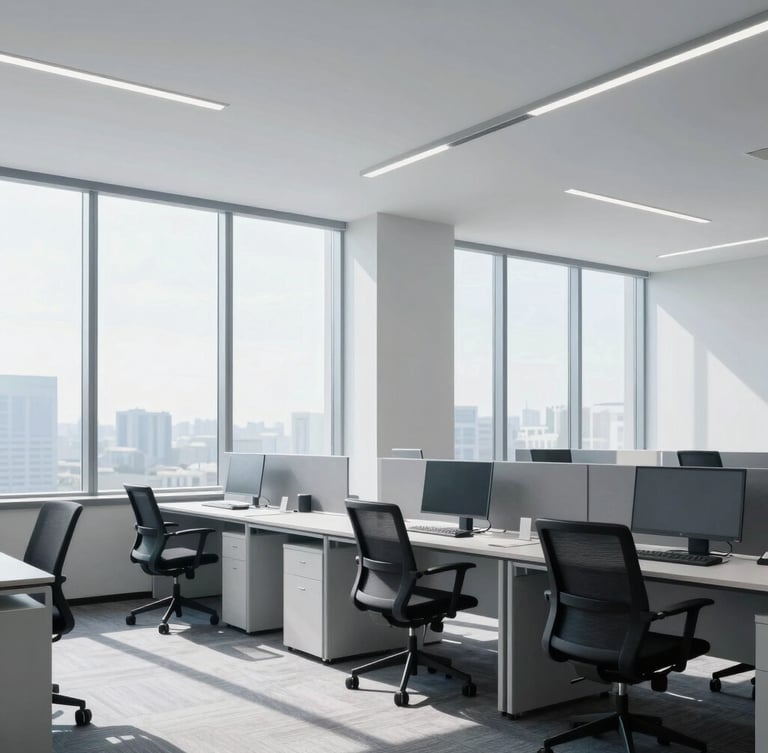 A bright minimalist corporate office with clean architectural lines, natural daylight pouring through high windows, modern workspace, 35mm lens