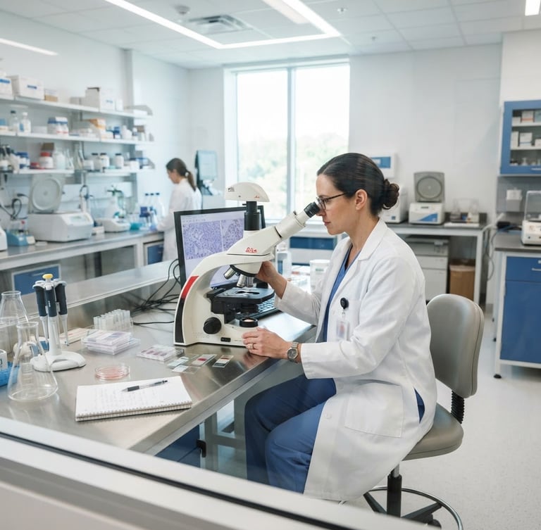 Professional female pathologist in a clean white lab coat, meticulously examining samples under a microscope in a state-of-the-art laboratory, bright clinical lighting, crisp focus, wide shot through a glass partition