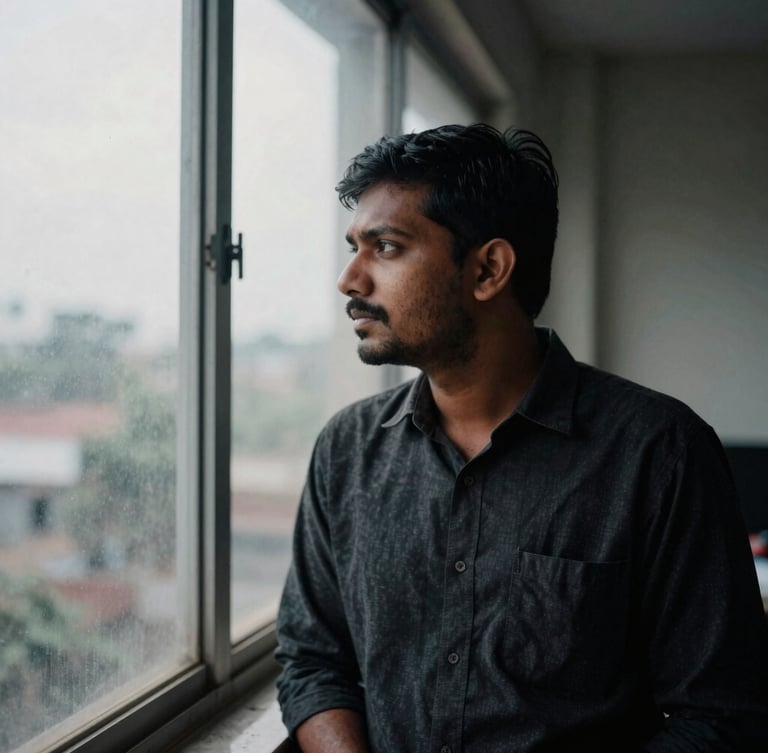 Environmental portrait of a South Asian male journalist looking thoughtfully out of a window in an overcast newsroom, natural high-contrast side-lighting, desaturated tones with deep blacks, 35mm film grain.