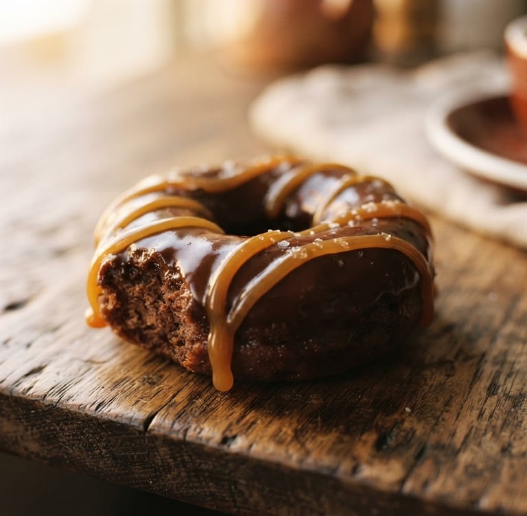 Warm editorial food photography, close-up macro of a freshly glazed chocolate donut with golden caramel drizzle, resting on a rustic wooden table with a soft golden window light glow, shallow depth of field, 35mm.