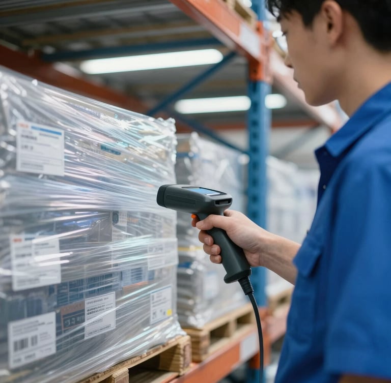 Portrait view of a professional operator using a handheld barcode scanner to verify a labeled pallet on a clean warehouse rack, sharp focus on the scanner screen, cool industrial lighting
