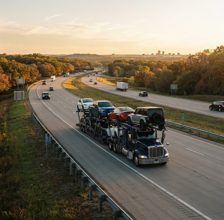 Wide panoramic shot of a modern multi-car transport carrier driving on I-94 near Woodbury, Minnesota at golden hour, low sun, crisp clean tones, professional commercial photography, 35mm