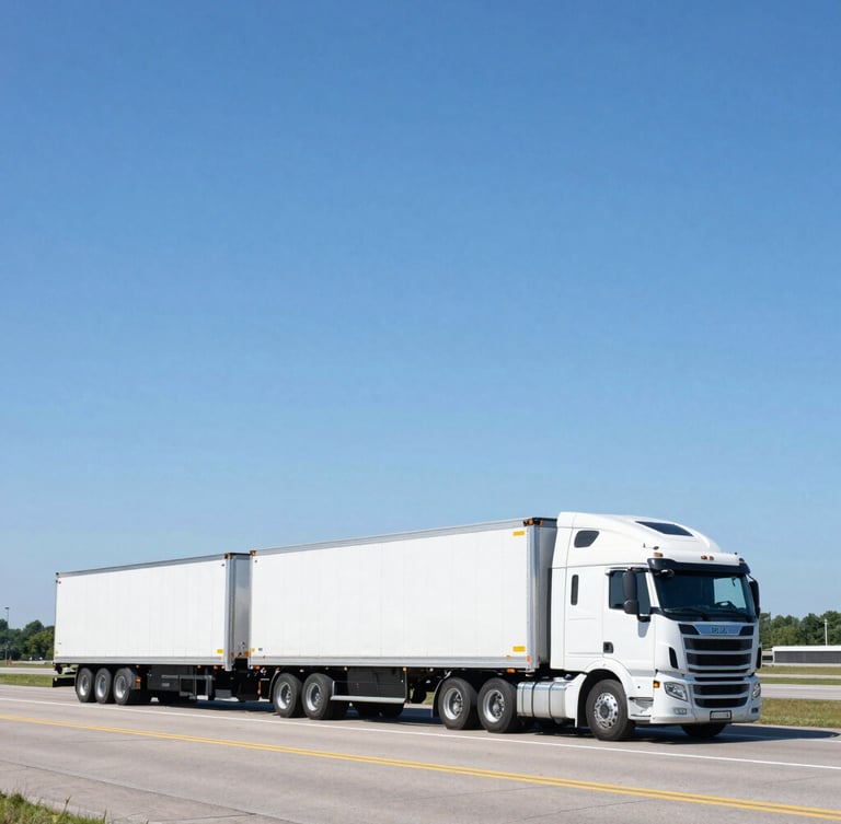 Modern multi-car transport carrier driving on I-494 in Minnesota, clear blue sky, professional commercial photography, bright daylight, crisp clean tones, wide-angle environmental transport shots, 35mm