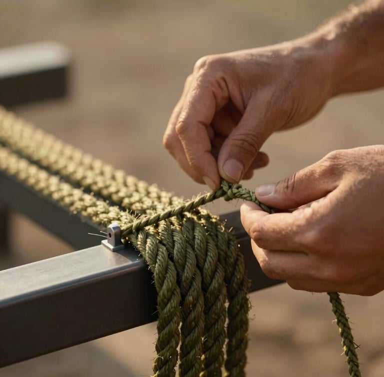 Vertical portrait close-up of skilled artisan hands weaving thick olive-green nautical rope onto a sleek dark aluminum frame, warm soft golden hour light, shallow depth of field, high-end craftsmanship detail
