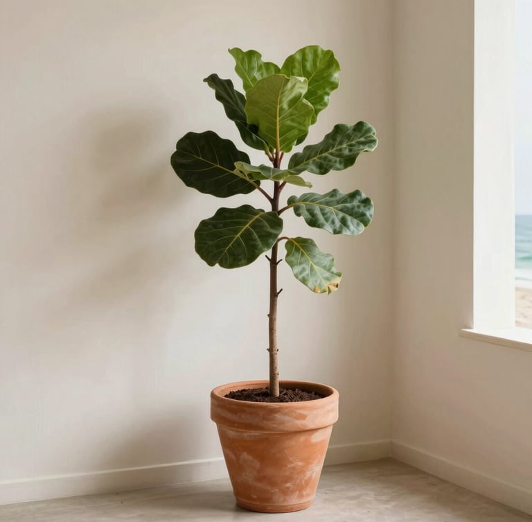 Warm editorial photography of a minimalist interior corner with a large Ficus Lyrata in a handmade terracotta pot, soft coastal daylight, 35mm