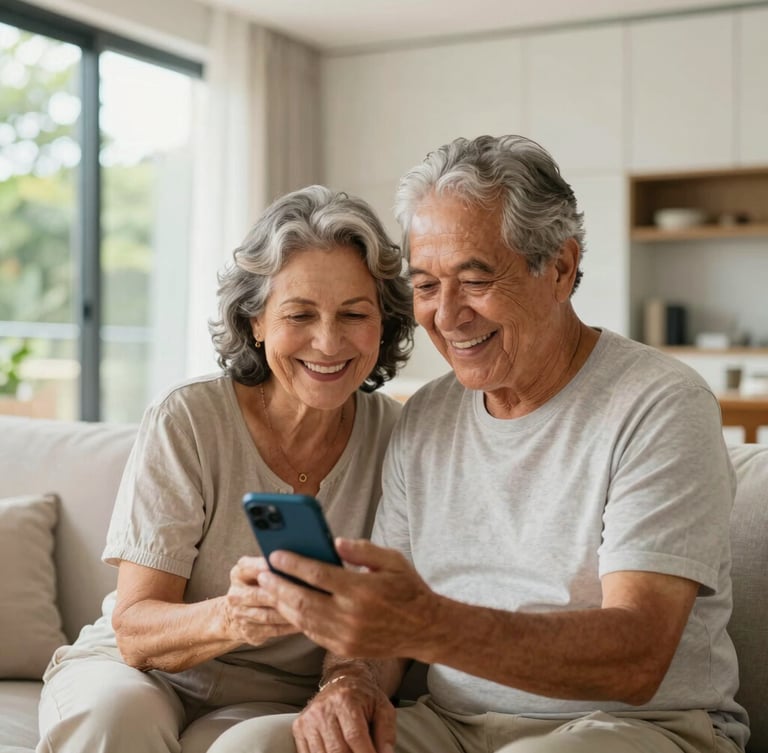 Warm editorial photography, bright natural daylight. A smiling Brazilian retired couple in a modern sunlit living room looking at a smartphone screen, showcasing real relief and confidence. Shallow depth of field.