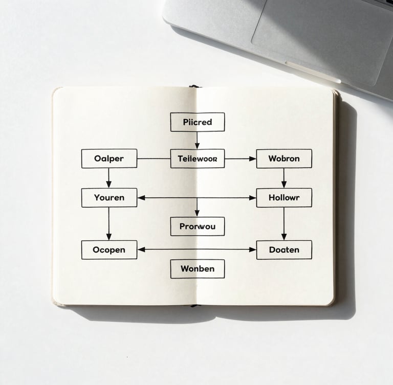 Overhead desk layout with a structured workflow diagram on a minimalist notebook, clean corporate daylight, soft shadows, sharp focus
