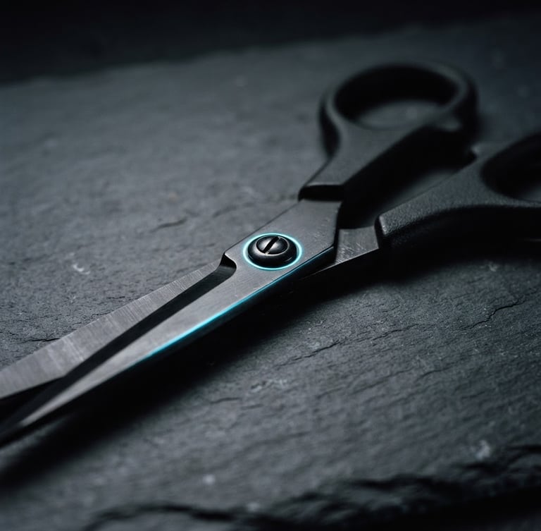 Close-up of matte black steel shears resting on a dark charcoal slate surface, sharp neon blue accent lines reflecting off the blade, high-contrast cool studio lighting, 35mm photography