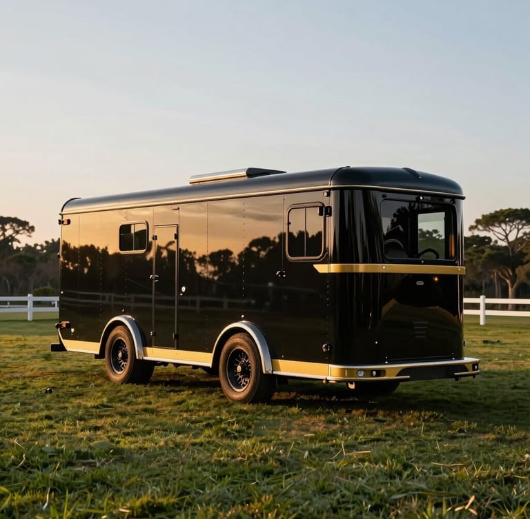 Dramatic automotive photography of a premium black double horse trailer with gold accents parked on a lush green Kyalami equestrian estate, warm golden hour side-lighting highlighting the metallic finish.