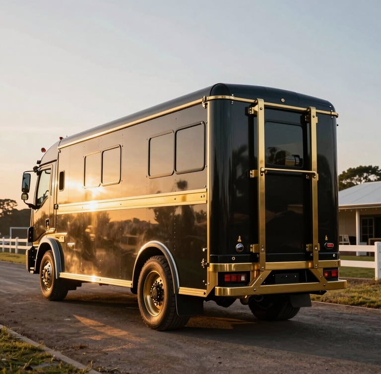 Dramatic automotive photography of a custom-built luxury horse truck parked at a Kyalami equestrian estate, golden-hour side light highlighting metallic gold details and robust ramp hinges