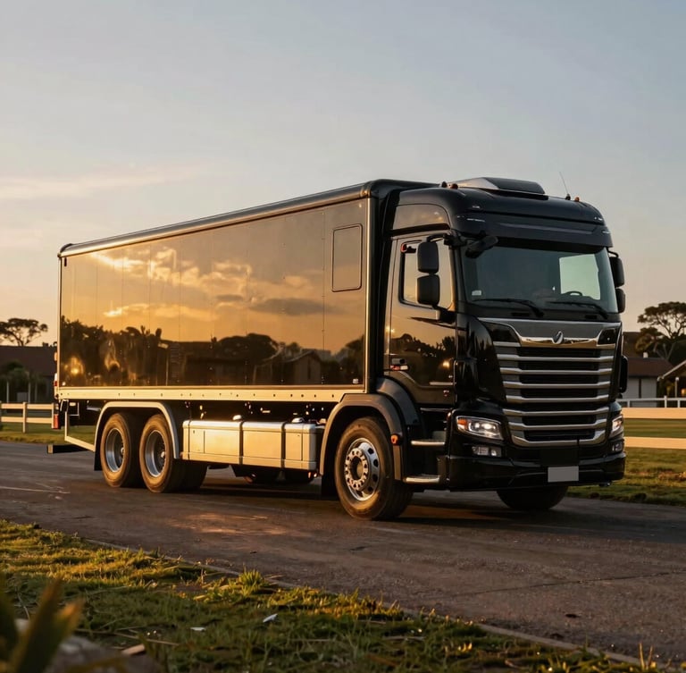 Dramatic side-lit profile of a luxury custom horse truck parked on a pristine Kyalami equestrian estate during golden hour, metallic gold accents catching the light.