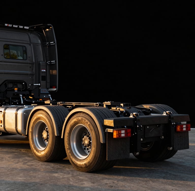 Heavy-duty triple-axle truck chassis with a hydraulic ramp lowered, showcasing reinforced steel hinges and non-slip rubber flooring, dramatic side-lighting.