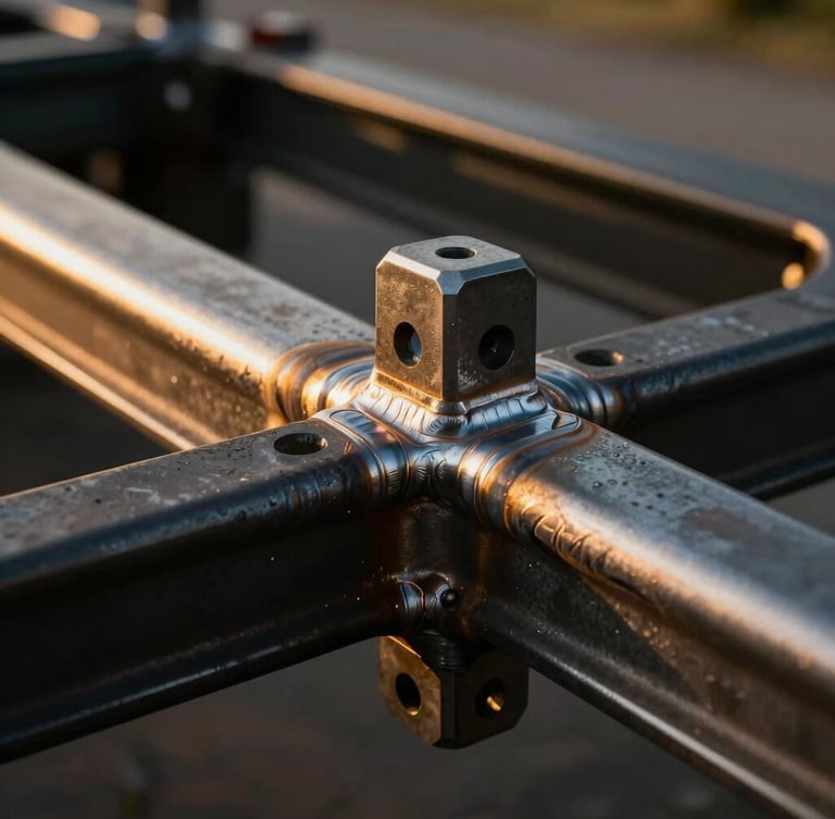 Macro detail shot of a heavy-duty steel trailer chassis weld, golden hour side-lighting highlighting the precise craftsmanship and structural strength.