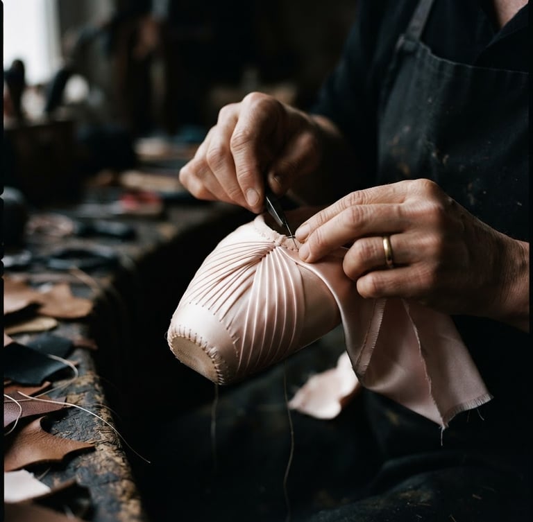 Macro editorial photograph of pink satin pointe shoes being hand-pleated under soft dramatic studio lighting, rich textures of high-grade silk and leather, 85mm lens