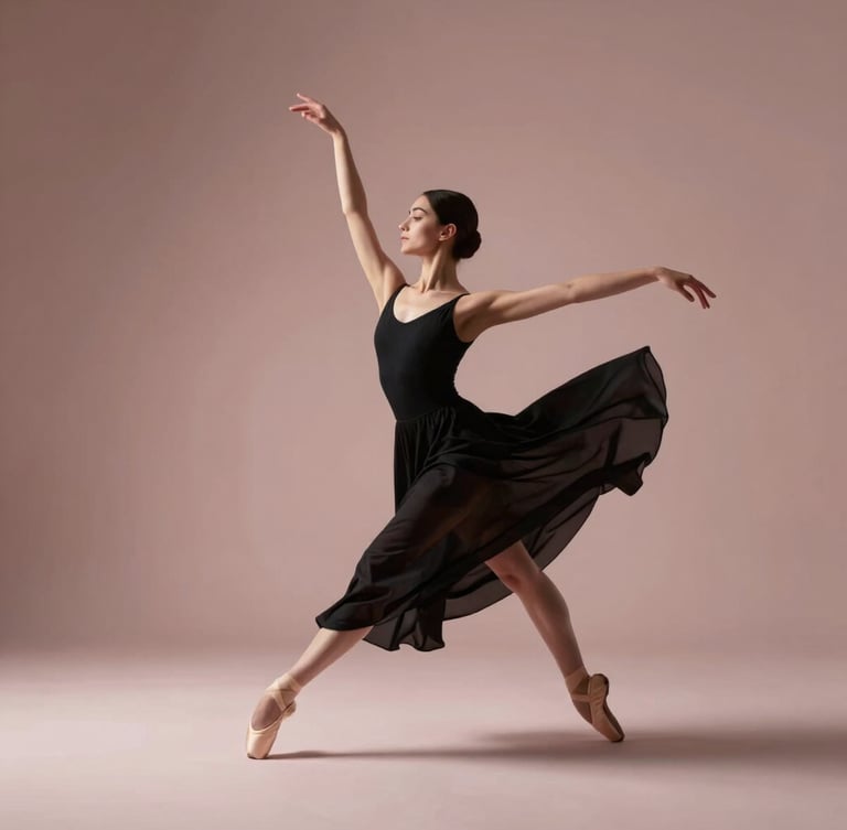 Elegant wide studio shot of a ballet dancer in a black custom leotard in motion, focusing on the pristine drape and fit, soft side-lighting, 85mm lens