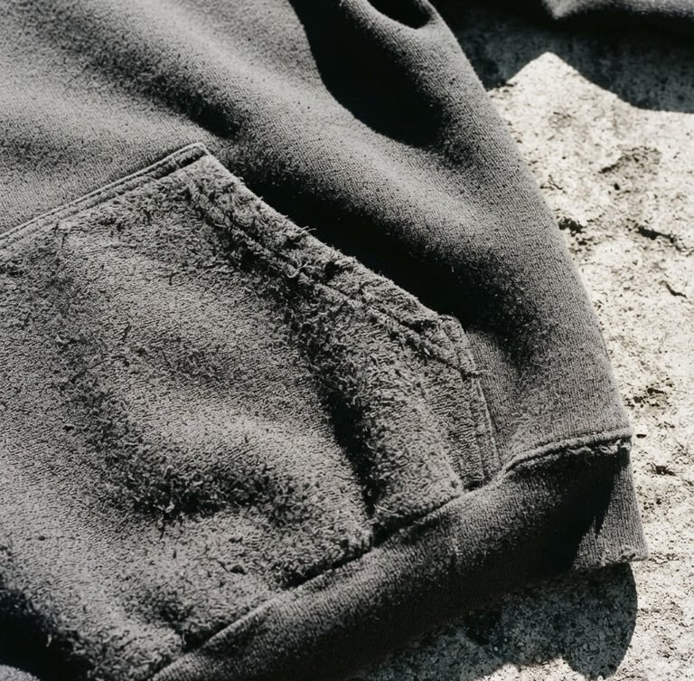 Close-up high-contrast streetwear photography of a heavyweight charcoal hoodie texture, harsh direct sunlight casting sharp shadows on concrete, desaturated tones, 35mm lens