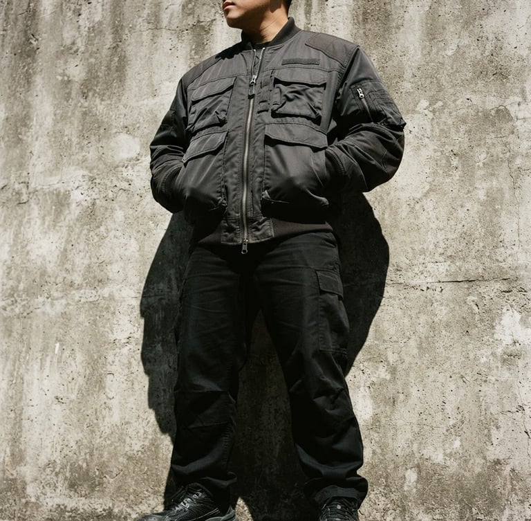 Low-angle heroic shot of a structured streetwear jacket against a textured concrete wall, sharp direct sunlight casting deep shadows, desaturated tones, 35mm lens.