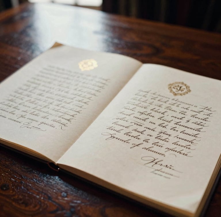 Close-up of a heavy, historic diplomatic treaty document with elegant calligraphy, resting on a dark wood table under soft warm side-lighting, editorial film photography style