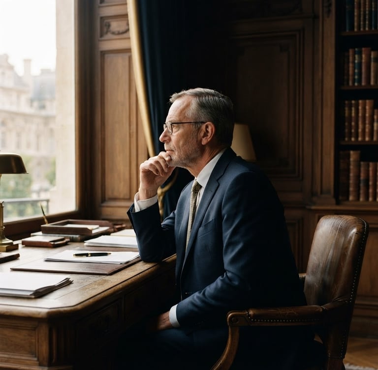 Side-profile medium shot of a diplomat in deep thought, soft warm window light casting long shadows across a dark wood-paneled room, editorial film photography style, 35mm lens.