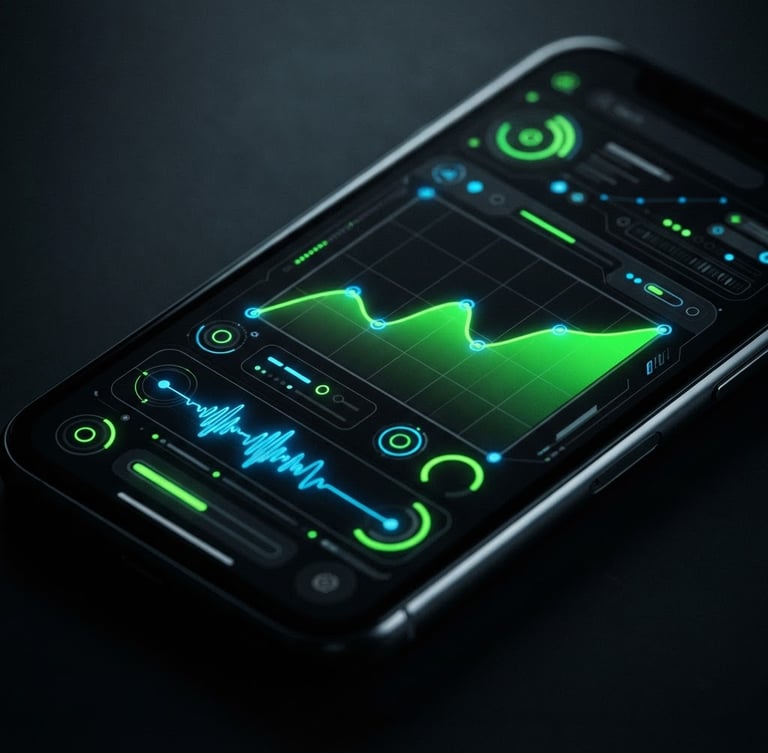 Extreme close-up macro shot of a modern Android phone screen displaying a crisp, dark-mode app interface with neon green and electric blue accents, under moody studio lighting with edge highlights. Isometric device mockup, sharp angles.