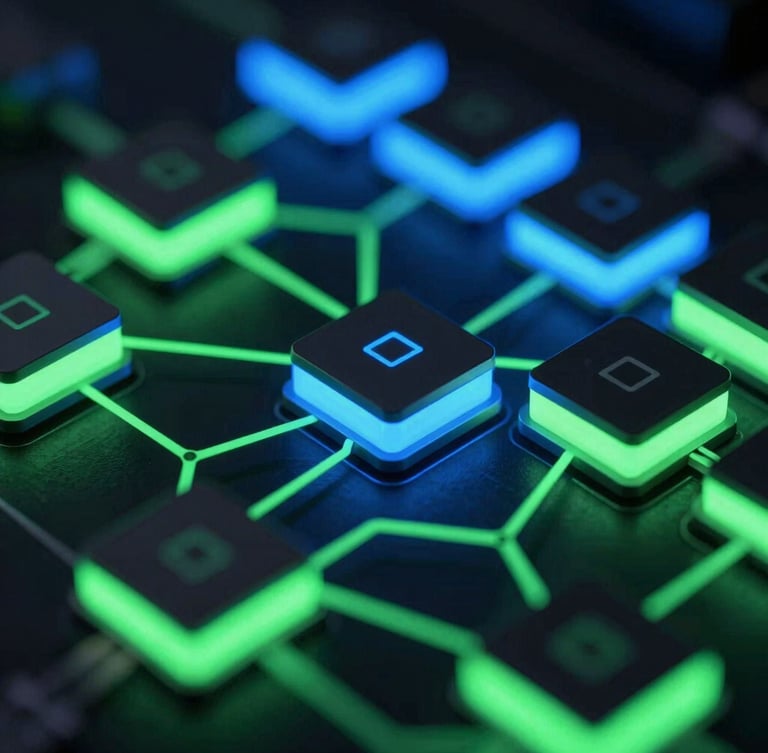Extreme close-up macro shot of abstract 3D logic gates glowing with vibrant neon green and electric blue highlights, moody studio lighting, high-contrast, representing optimized code structure on a dark background.