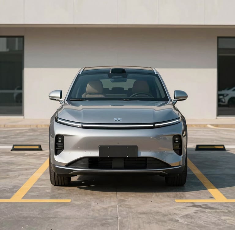 Straight-on eye-level shot of a modern high-roof SUV parked perfectly inside a clean urban parking space with clear yellow lane markings, bright daylight