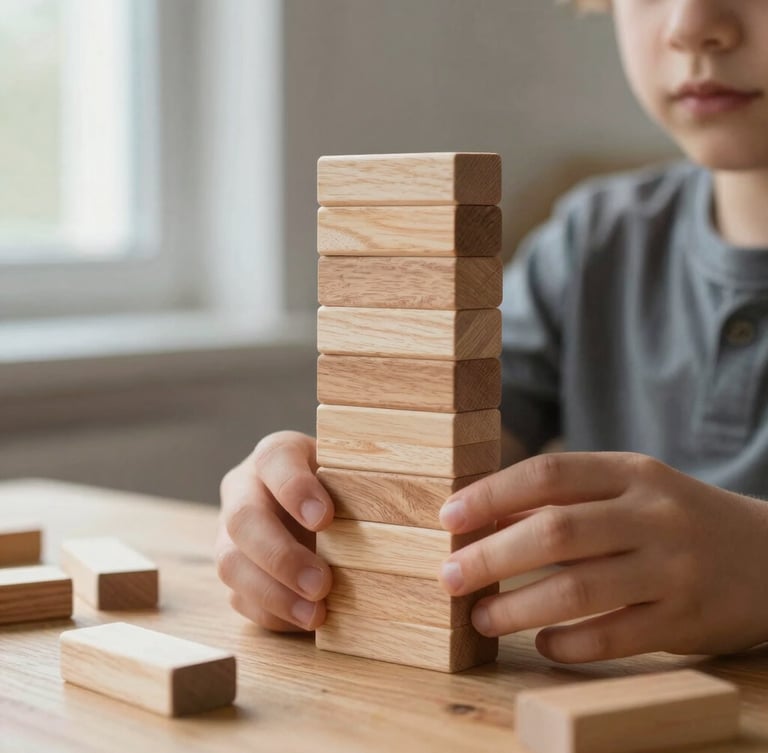 Close-up portrait of a child's hands carefully stacking smooth, natural beechwood blocks on a low oak table, soft side-lit window daylight, warm Scandinavian-editorial style.