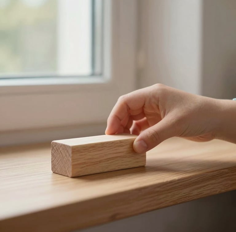 Close-up of a child's hands carefully placing a smooth wooden block onto a low oak shelf, soft side-lit window daylight, warm Scandinavian interior
