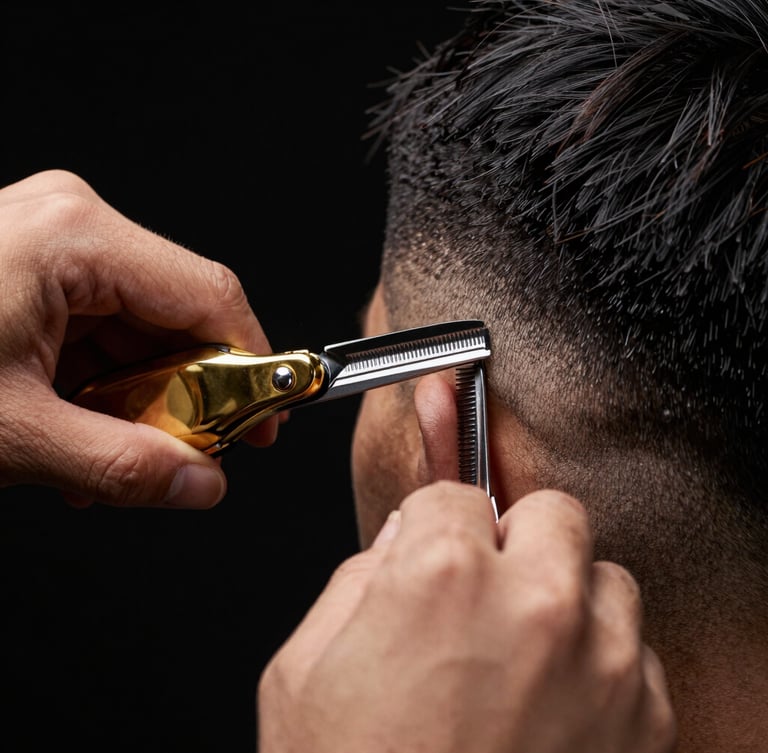Tight macro shot of a master barber's hands using gold clippers to carve a razor-sharp fade, low-key dramatic studio lighting, deep black background, 85mm lens.