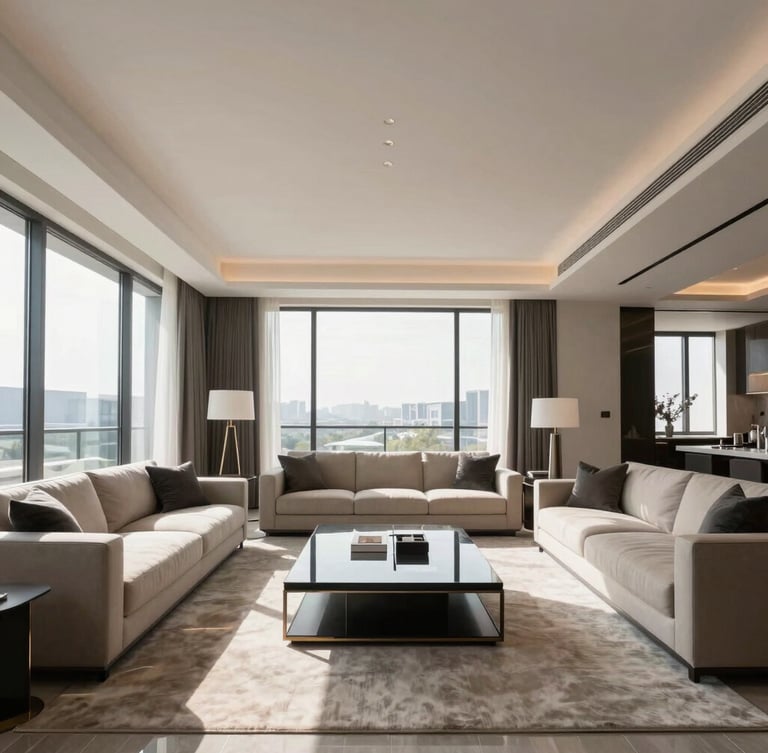 Symmetrical wide-angle architectural shot of a modern luxury apartment living room, pristine beige and charcoal furniture, sharp daylight from expansive windows, crisp lines, negative space.