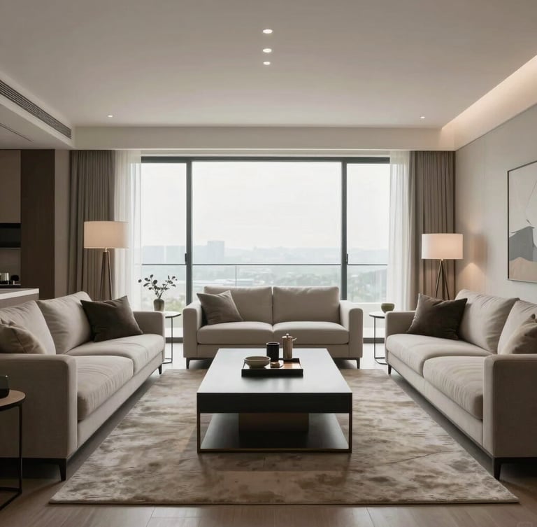 Symmetrical straight-on shot of a meticulously staged luxury apartment living room, minimalist modern furniture, neutral tones, bright diffused daylight through large windows