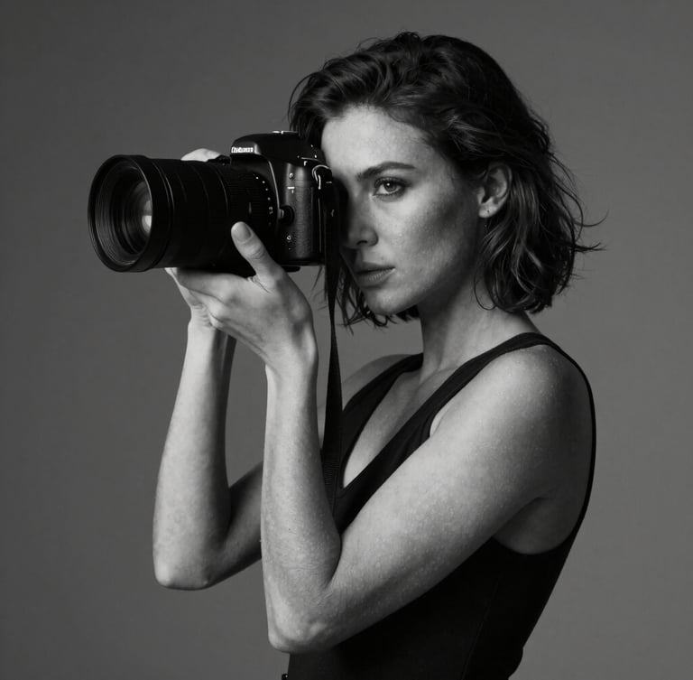 Dramatic black and white studio portrait of a female photographer, sharp natural side lighting, deep shadows, elegant and professional posture.