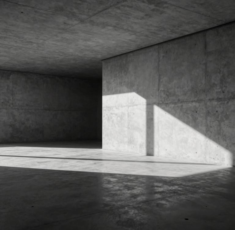 Wide cinematic environmental shot of a minimalist concrete gallery space, sharp dramatic natural light casting long deep shadows, stark monochrome contrast, no people.