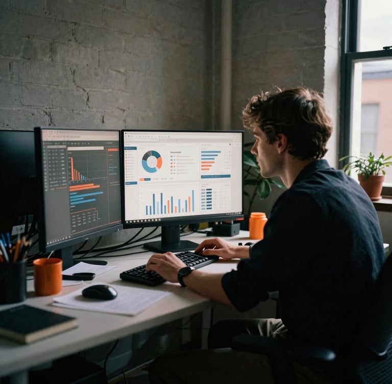 Gritty 35mm film photo of a developer and designer analyzing real-time ad performance dashboards in a Shoreditch loft office, harsh natural light, deep shadows.