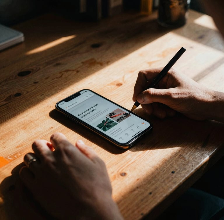 Tight documentary-style crop of hands wireframing a mobile ad on a Shoreditch loft table, high-contrast natural light, deep shadows, warm orange accents, 35mm film grain.