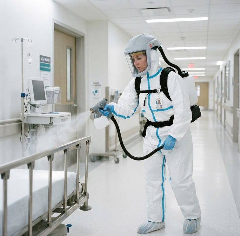 Certified technician in full PPE operating an electrostatic spraying device in a clean, modern medical facility, bright high-key clinical lighting, sharp focus, realistic documentary style.