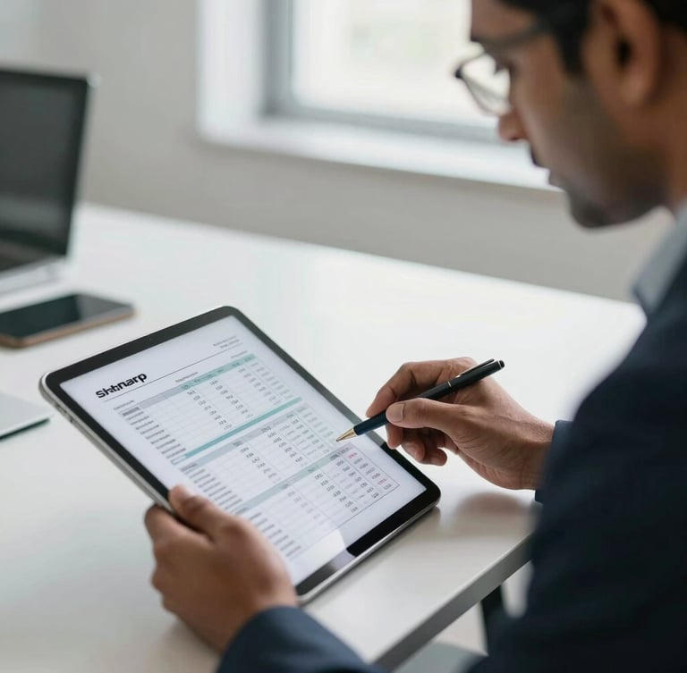 Sharp medium close-up of a professional Indian Chartered Accountant reviewing financial ledgers on a tablet in a bright, modern New Delhi office, natural daylight.