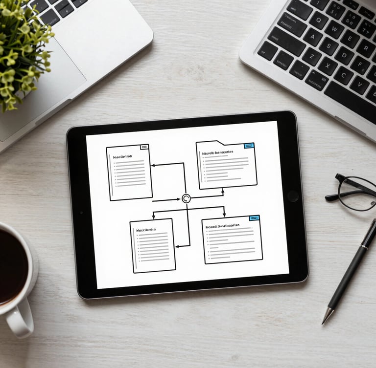 Overhead flat-lay of organized workspace in a New Delhi corporate office, modern tablet showing clean legal structure diagrams, bright natural daylight.