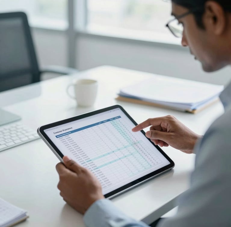 A professional Indian CA reviewing clean financial spreadsheets on a modern tablet in a bright, daylight-filled corporate workspace, cool professional undertones.